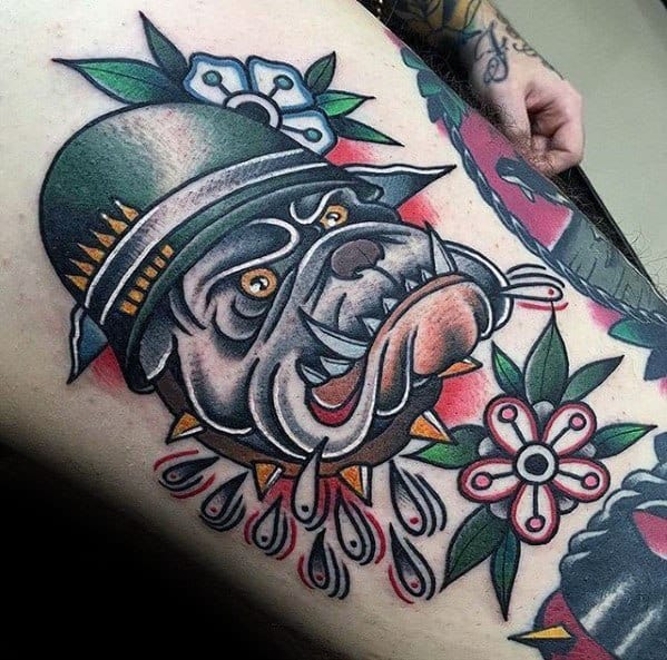 Incredible Traditional Color Mens Bulldog Thigh Tattoo