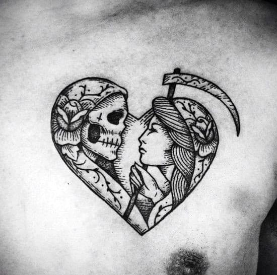 Incredible Traditional Reaper Heart Upper Chest Tattoos For Men