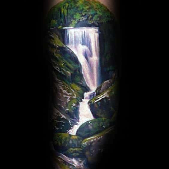 Incredible Waterfall Realistic Guys Arm Sleeve Tattoo