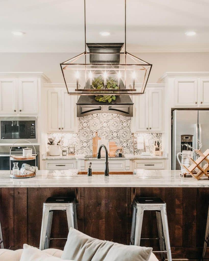 country kitchen white cabinets wood bench track lighting 