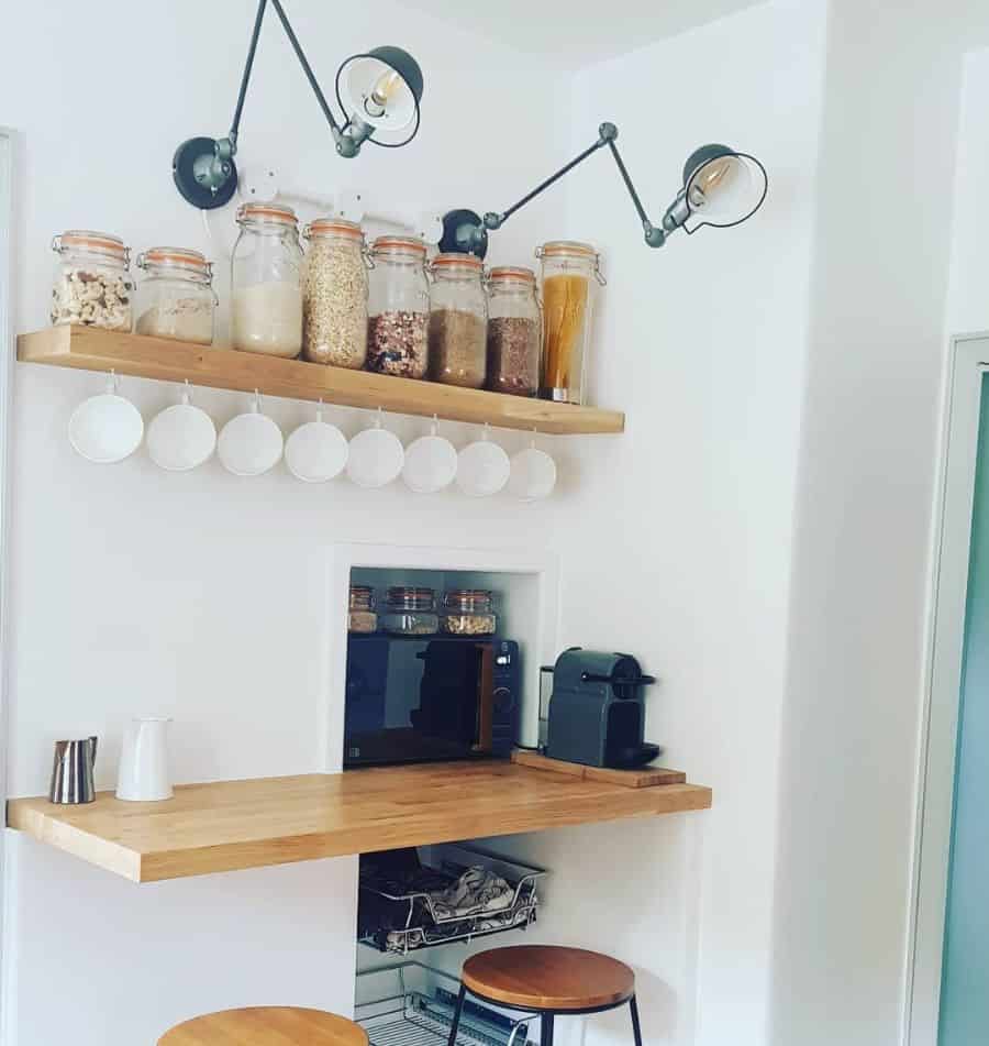 industrial kitchen wall lighting ideas over shelf and small bench 