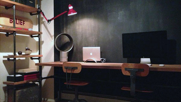 Industrial Long Wall Desk Small Home Office Design Inspiration For Men
