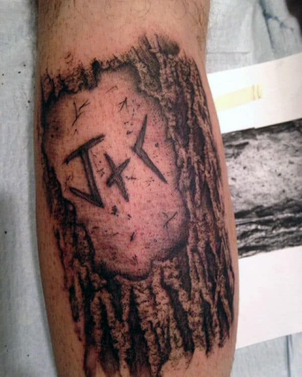Initals In Tree Wood Carving Mens Inner Arm Bicep Tattoos