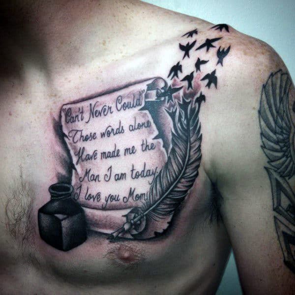 Ink Pen With Birds Flying And Scroll Mens Chest Tattoos