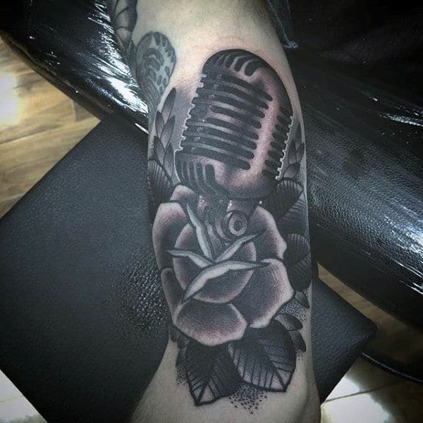 Inky Black Microphone And Rose Tattoo Mens Forearms