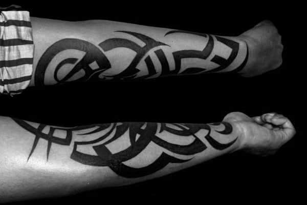 Inner And Outer Forearm Solid Black Ink Guys Traditional Tribal Forearm Tattoos