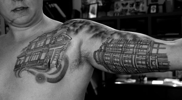 Inner Arm And Chest Male Building Tattoos