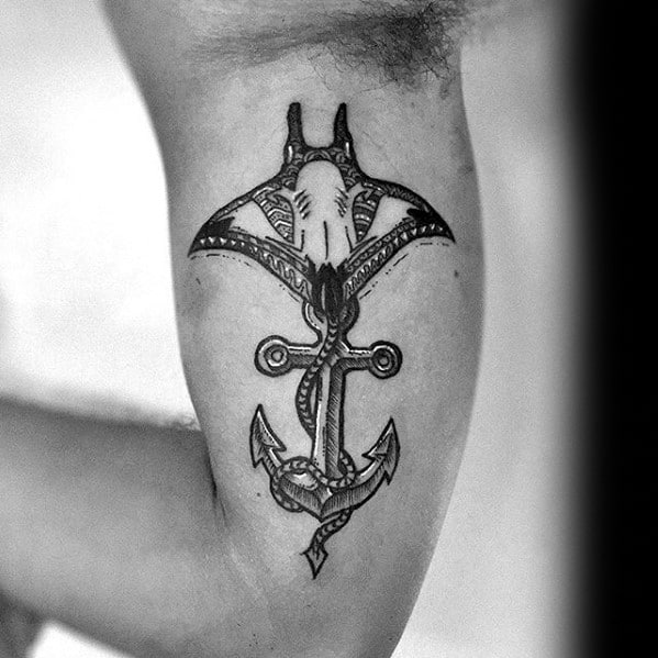 Inner Arm Bicep Anchor Manta Ray Male Tattoos