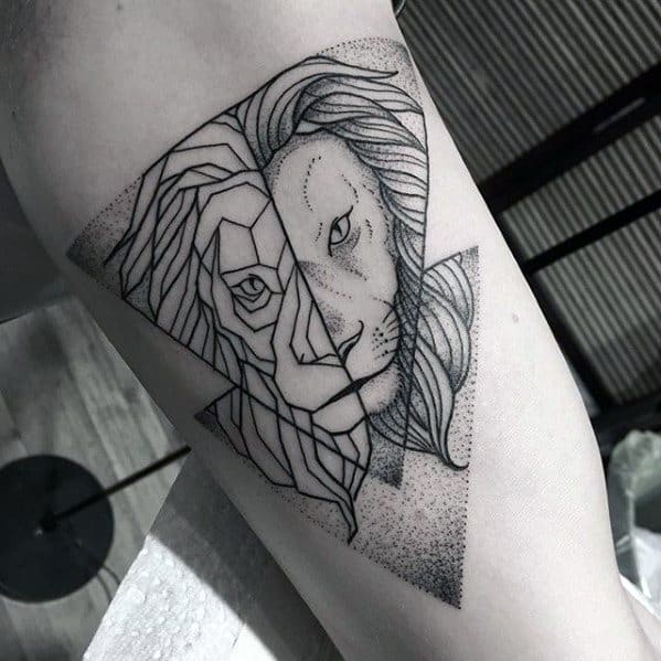 Inner Arm Bicep Distinctive Male Geometric Lion Tattoo Designs
