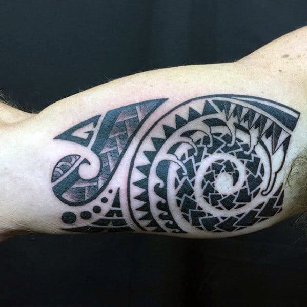 Inner Arm Bicep Guys Polynesian Tribal Tattoo With Wave Design