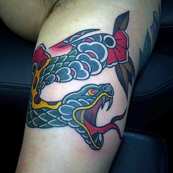 Inner Arm Bicep Guys Traditional Snake With Flowers Tattoo Ideas