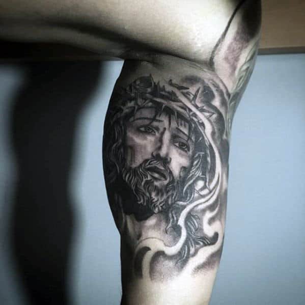 Inner Arm Bicep Jesus Guys Arm Tattoo