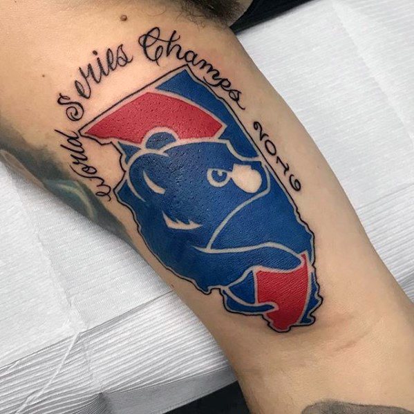 Inner Arm Bicep Male Tattoo With Chicago Cubs Design