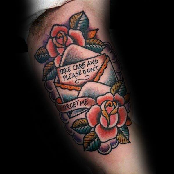 Inner Arm Bicep Mens Cool Envelope With Rose Flowers And Letter Tattoo Ideas
