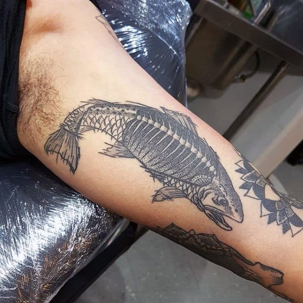 Inner Arm Bicep Mens Fish Skeleton Tattoo Designs