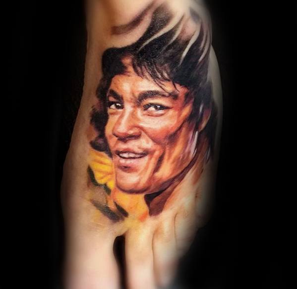 Inner Arm Bicep Portrait Bruce Lee Guys Tattoo Designs