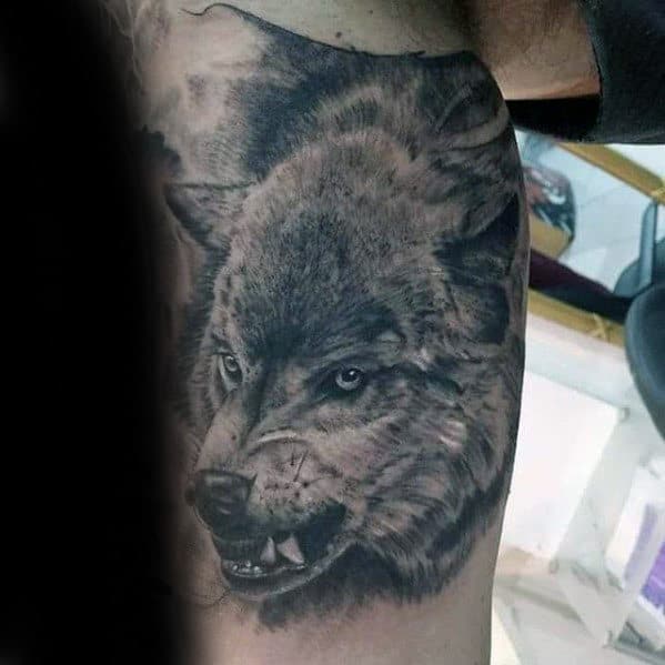 Inner Arm Bicep Realistic Wolf Shaded Tattoos For Males