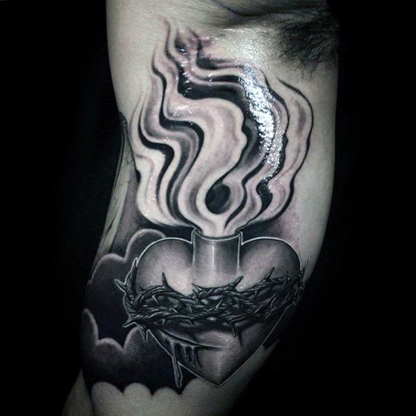 Inner Arm Bicep Religious 3d Sacred Heart Tattoo Designs For Men
