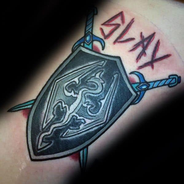 Inner Arm Bicep Slay With Symbol Shield And Swords Skyrim Mens Tattoo Ideas