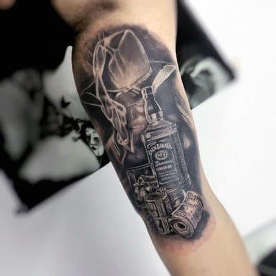 Inner Arm Bicep Tattoos For Men With Jack Daniels Theme