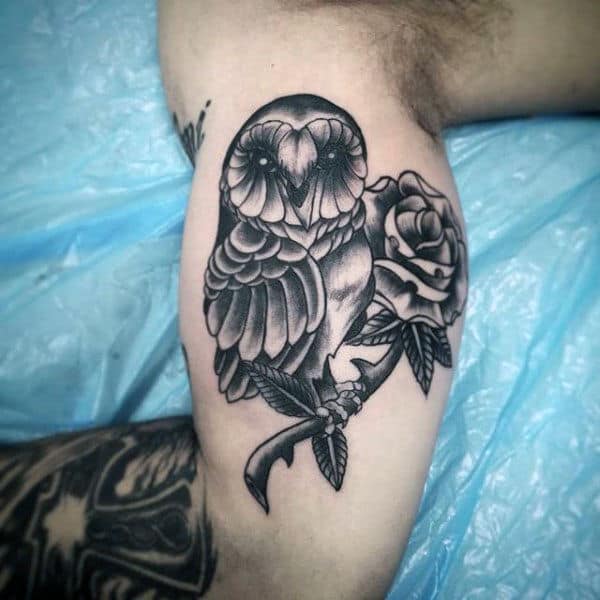 Inner Arm Bicep Traditional Male Barn Owl Tattoos