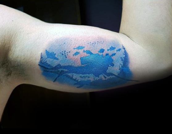 Inner Arm Bicep Underwater Blue Ink Guys Diver Tattoos