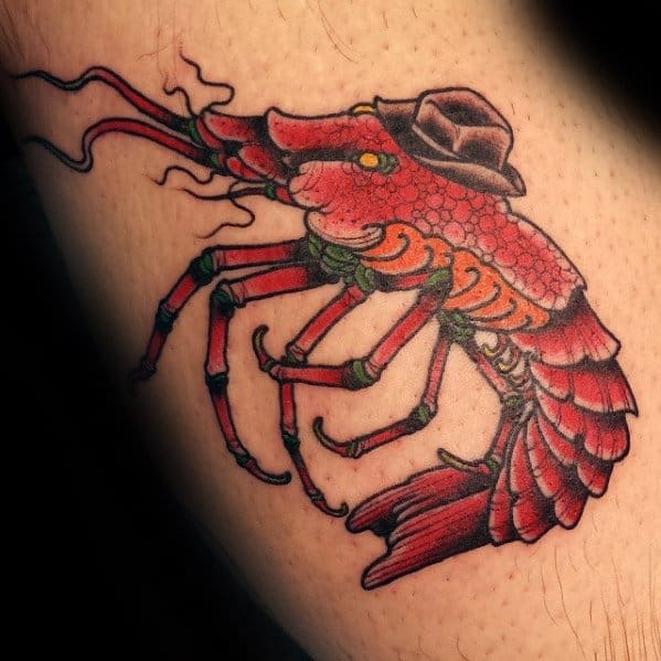 Inner Arm Bicepmale Tattoo With Shrimp Wearing Hat Design