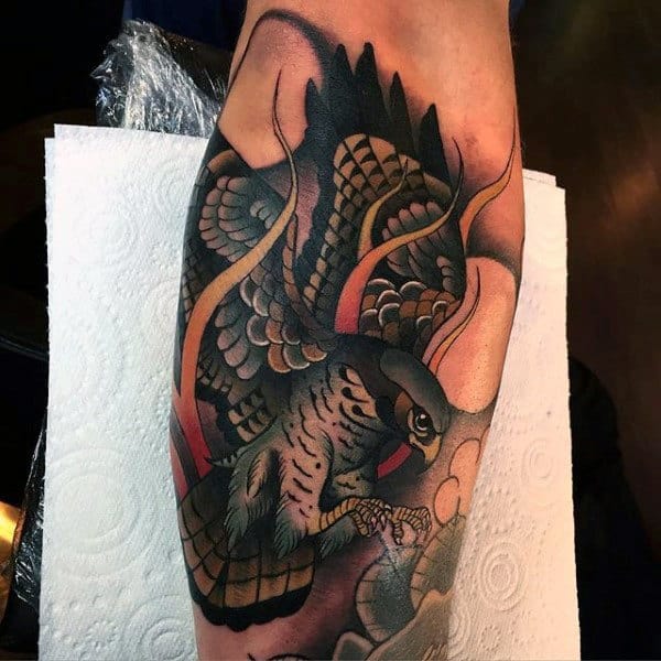 Inner Arm Falcon Male Neo Traditional Tattoo Inspiration