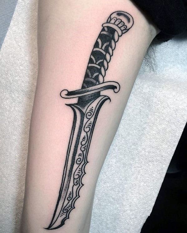 Inner Arm Male Black Ink Traditional Dagger Tattoo Ideas