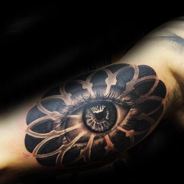Inner Arm Male Realistic Eye With Church Window 3d Tattoo