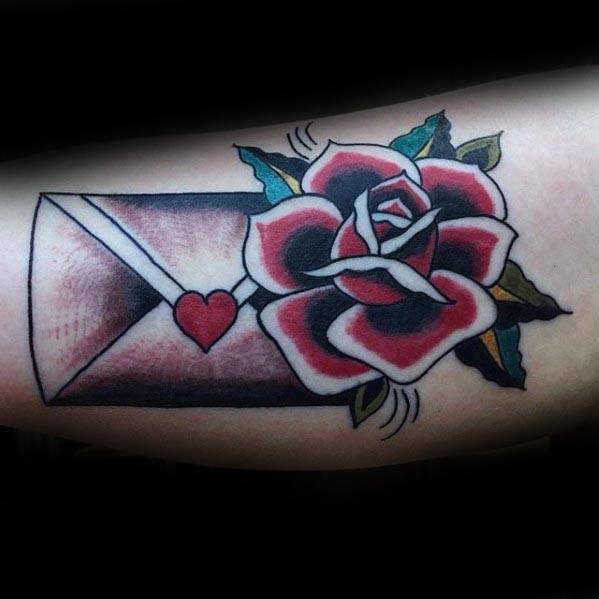 Inner Arm Rose Flower With Envelope Tattoo Ideas For Gentleman Old School Design