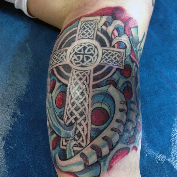 Inner Bicep 3d Manly Celtic Cross Tattoos For Men