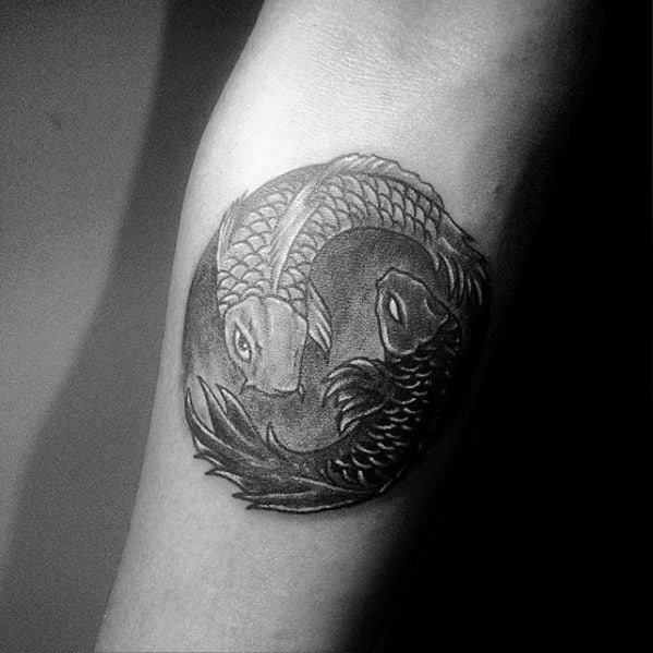 Inner Foream Heavily Shaded Small Yin Yang Koi Fish Guys Tattoo Designs