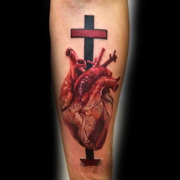 Inner Forearm Amazing Mens 3d Heart Tattoo Designs With Black Cross