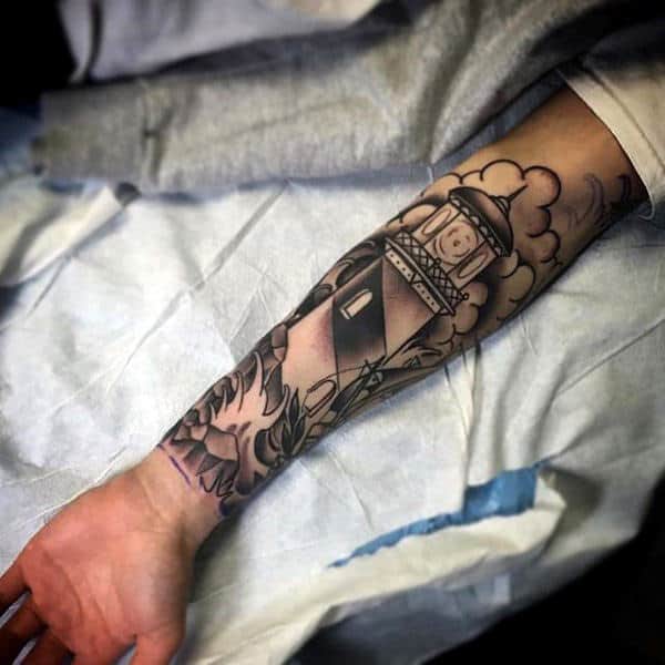 Boat lighthouse sleeve in progress  Sleeve tattoos Cloud tattoo sleeve  Cool arm tattoos