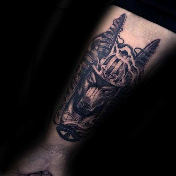 Inner Forearm Anubis Male Tattoo Ideas With Shaded Ink
