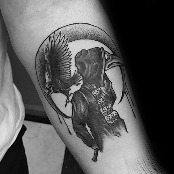 Inner Forearm Artistic Male Plague Doctor Tattoo Ideas