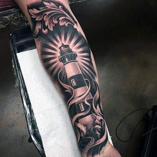 Inner Forearm Badass Mens Lighthouse Shaded Tattoos