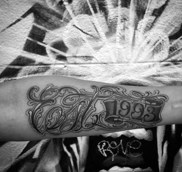 Inner Forearm Banner Est 1993 Mens Ornate Tattoo Ideas