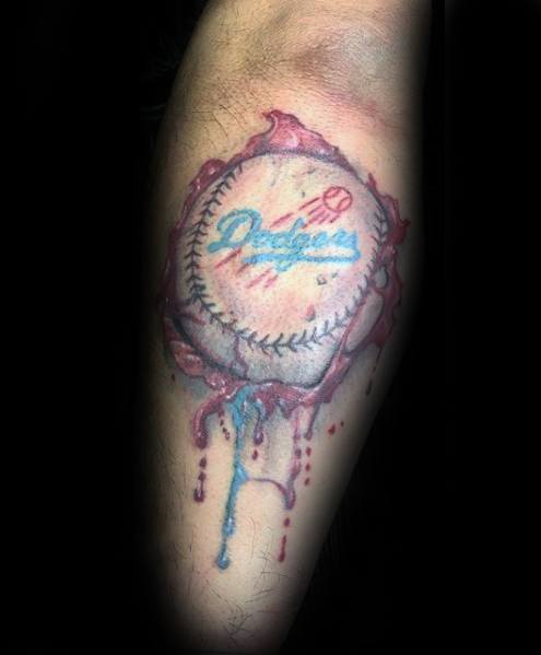 Inner Forearm Baseball Watercolor Dodgers Tattoo Design On Man