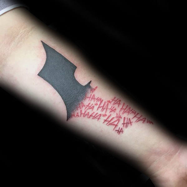 Inner Forearm Batman Symbol With Lettering Tattoo Designs For Men