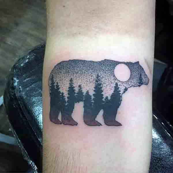 Inner Forearm Bear Forest Moon Tattoo On Man