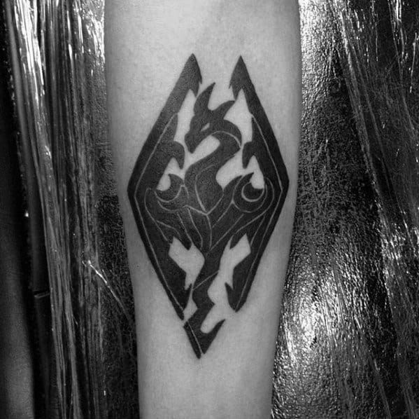 Inner Forearm Black Ink Male Skyrim Tattoo Design Inspiration