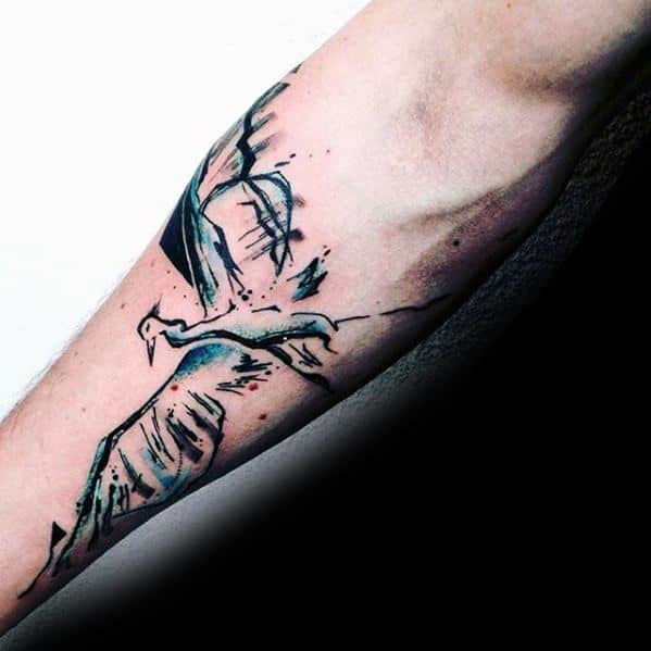 Inner Forearm Blue Watercolor Heron Tattoo Ideas For Males