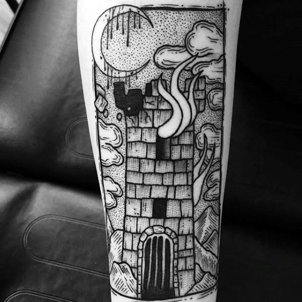 The Tower Tarot card tattooed on the calf engraving