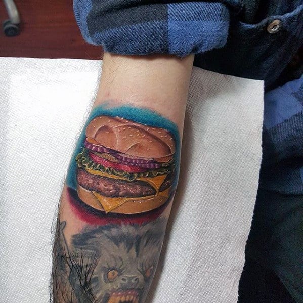 Inner Forearm Cheeseburger Tattoo Ideas For Males