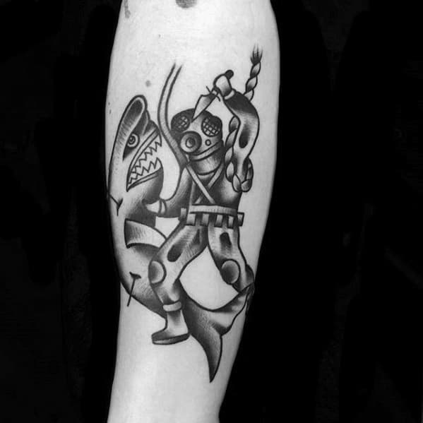 Inner Forearm Cool Diver With Shark Traditional Tattoo Design Ideas For Male