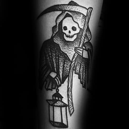 Inner Forearm Cool Traditional Reaper With Lantern Tattoo Design Ideas For Male