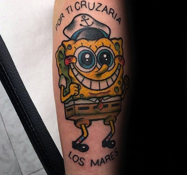 Inner Forearm Creative Spongebob Tattoos For Men