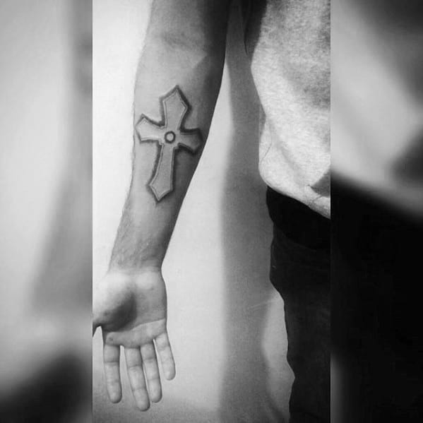 Inner Forearm Cross Simple Christian Male Tattoo Ideas